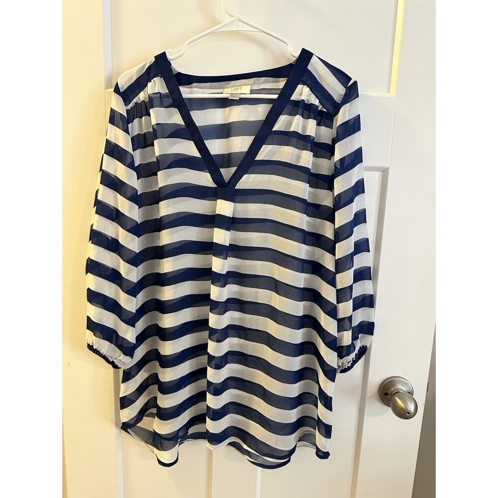 Women’s Loft Blue And White Stripe Sheer V-neck Blouse XL